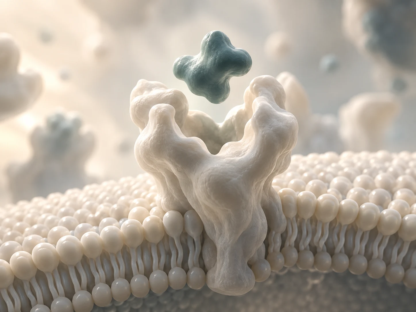 Conceptual molecular recognition: a ligand approaches a complementary receptor pocket on a cell membrane